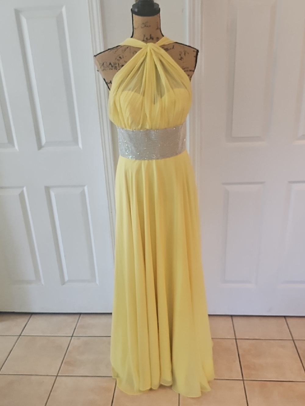 Yellow Halter Maxi Gown with Silver Waistband